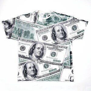 Vintage 90s Y2k Hundred Dollar Bill Money Cash USA All Over Print T-Shirt XL